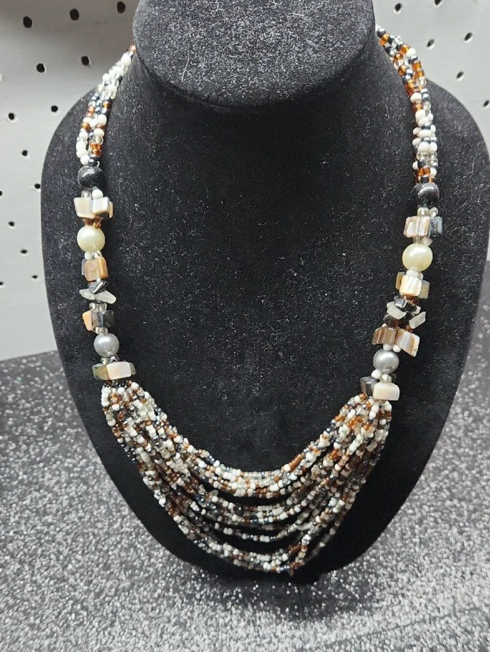 Multi-Strand Beaded Necklace in Black, White & Brown